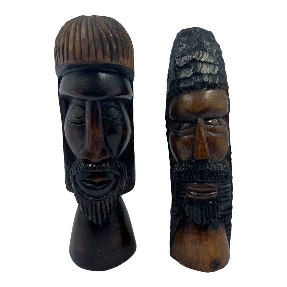 Hand Carved Wood Totem Pole TIKI Statue Figure Tiki Bar Jamaica Set Of 2 9"